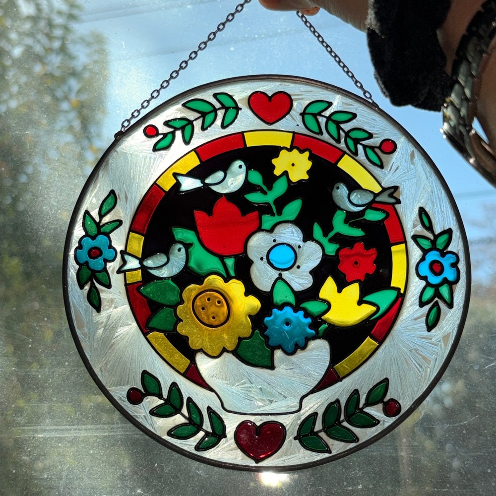 Vintage Style Floral Bird Stained Glass Suncatcher Round Hanging Window Art 6.5"